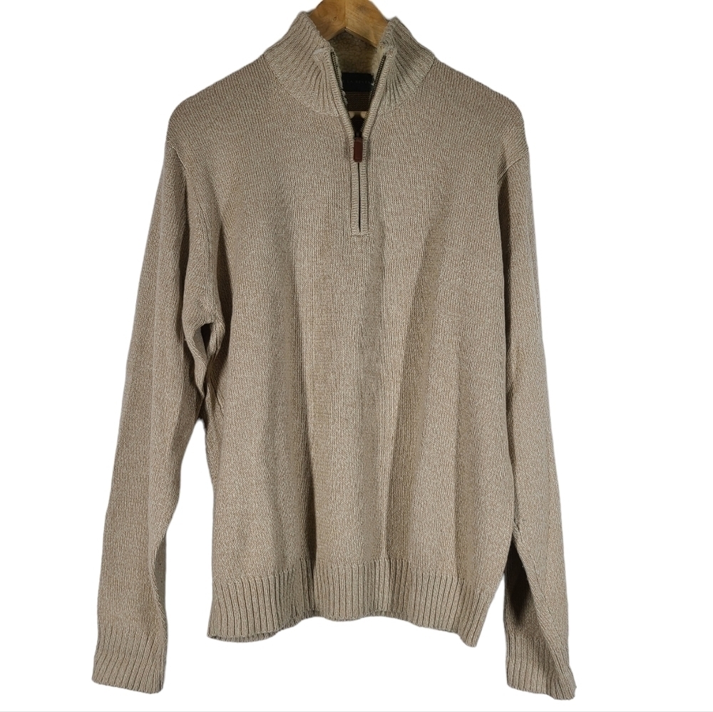 Oscar De La Renta Vintage Mens Sweater Tan Spec Sherpa Collar 1/4 Zip Large